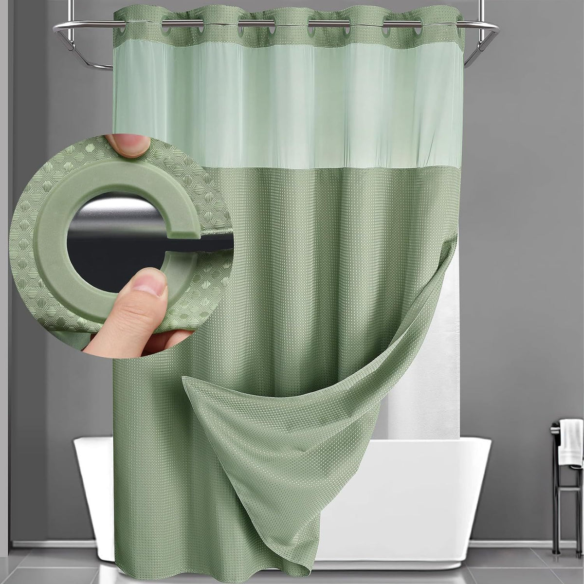 Double Layer Waffle-Pattern Shower Curtain - No Hook Snap-in Liner,  Waterproof Inner & Washable White Outer Cloth, Modern Bathroom Accessory for Home/Hotel/Salon/Dorm, 71x75 Inch