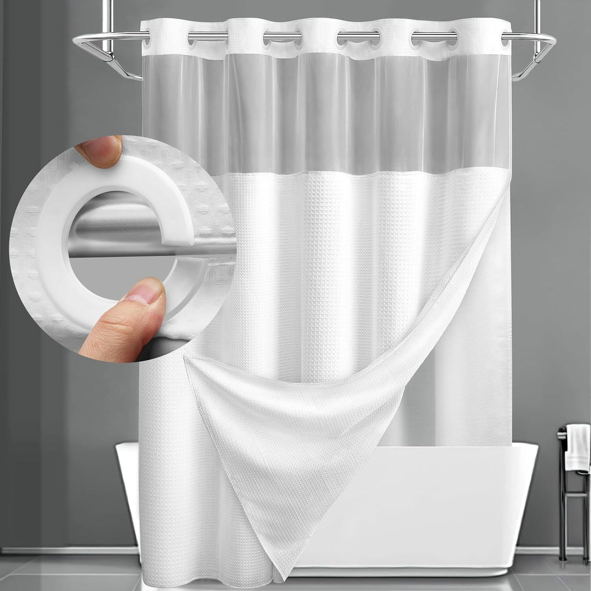 Double Layer Waffle-Pattern Shower Curtain - No Hook Snap-in Liner,  Waterproof Inner & Washable White Outer Cloth, Modern Bathroom Accessory for Home/Hotel/Salon/Dorm, 71x75 Inch