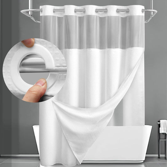 Double Layer Waffle-Pattern Shower Curtain - No Hook Snap-in Liner,  Waterproof Inner & Washable White Outer Cloth, Modern Bathroom Accessory for Home/Hotel/Salon/Dorm, 71x75 Inch