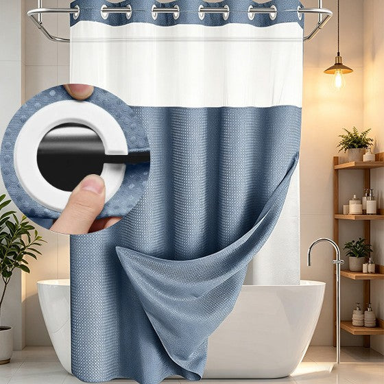 Double Layer Waffle-Pattern Shower Curtain - No Hook Snap-in Liner,  Waterproof Inner & Washable White Outer Cloth, Modern Bathroom Accessory for Home/Hotel/Salon/Dorm, 71x75 Inch